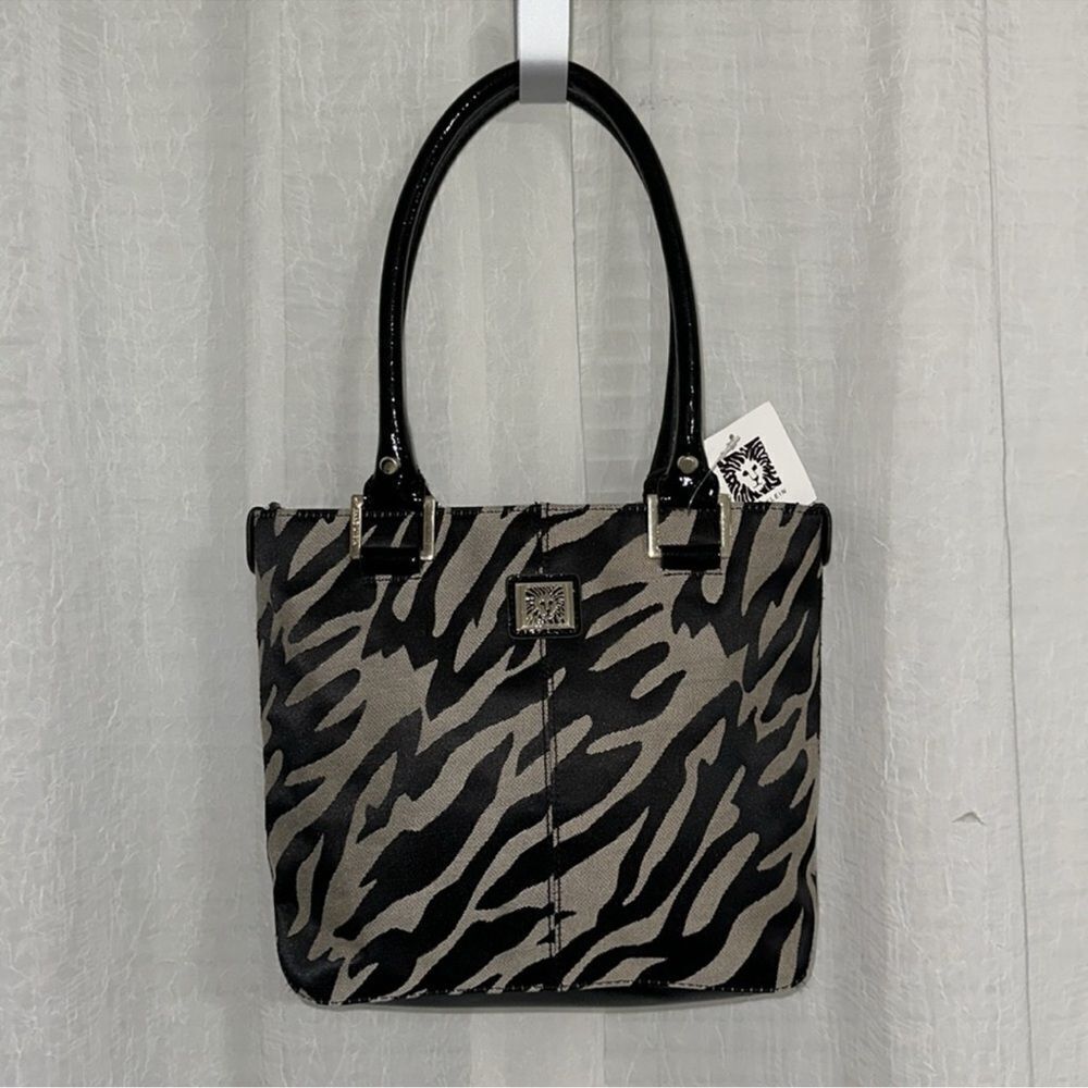 ANNE KLEIN Black Ivory Patent Faux Leather Canvas Perfect Tote